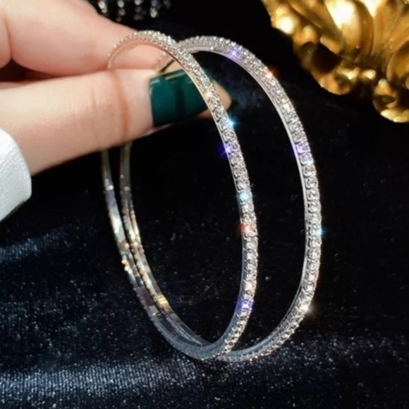 18k White Gold CZ Pave Stone Large Hoops Hoop Earrings - Picture 3 of 3